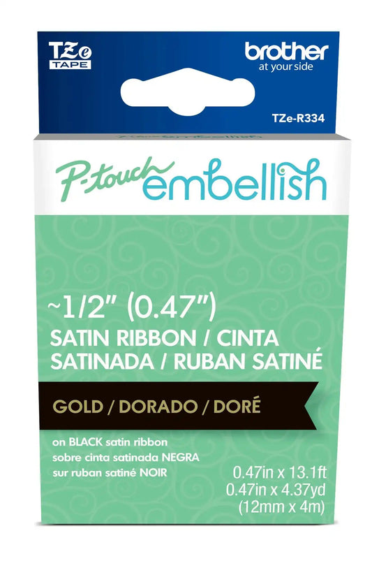P-touch Embellish Gold Print on Black Satin Ribbon 12mm (~1/2") x 4m