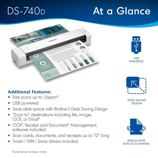 Brother RDS740D Duplex Compact Mobile Document Scanner Refurbished