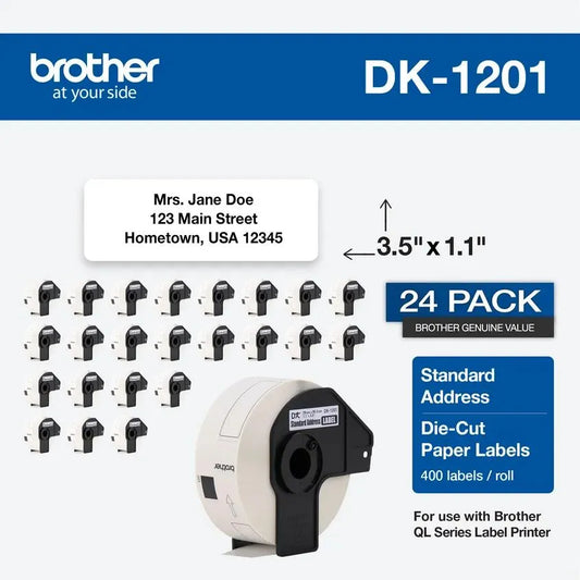 Brother Genuine DK-120124PK Die-Cut Standard Address Labels – Long Lasting Reliability, Die-Cut Standard Address Paper Labels, 1.14” x 3.5” Individual Label Size, 400 Labels per Roll, (24) Rolls per Box