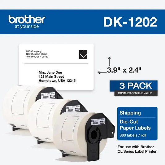Brother Genuine DK-12023PK Die-Cut Shipping Paper Labels, Long Lasting Reliability, 300 Labels Per Roll, (3) Rolls per Box
