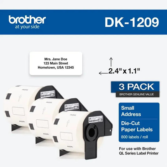 Brother Genuine DK-12093PK Small Address Paper Label Roll, Die-Cut Paper Labels, Engineered for Excellence, 800 Labels Per Roll, (3) Rolls per Box