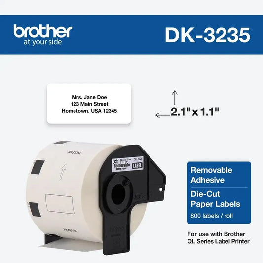 1.1 in x 2.1 in (29 mm x 54 mm) Small Removable White Paper Labels (800 labels) Die-cut small removable paper labels800 labels per roll Great for food safety, packages, envelopes and more For Brother QL-800, QL-810W, and QL-820NWB label printers