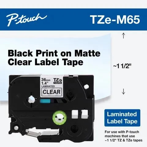 Brother P-touch TZe-M65 White Print on Matte Clear Label Tape 1.4” (36mm) wide x 26.2’ (8m) long