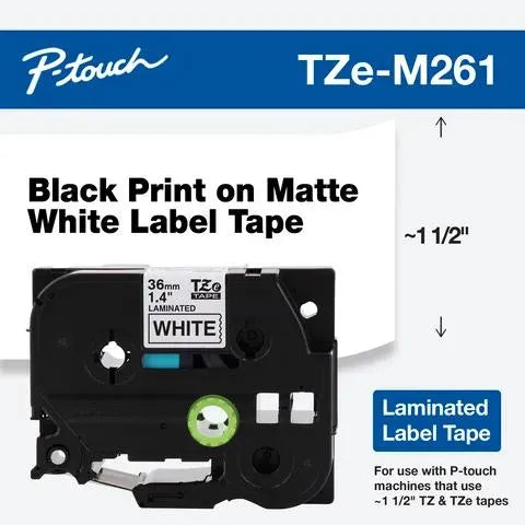 Brother P-touch TZe-M261 Black Print on Matte White Label Tape 1.4” (36mm) wide x 26.2’ (8m) long