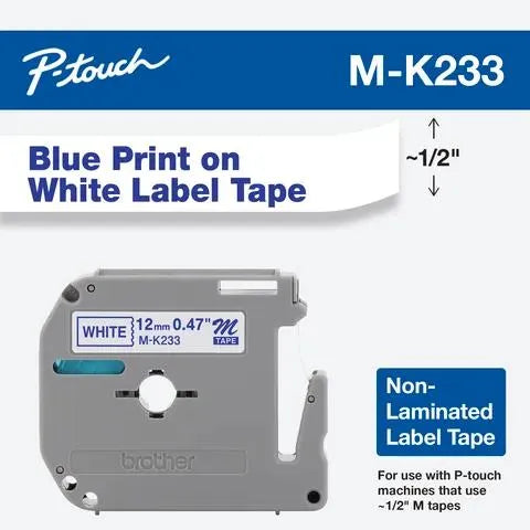12mm (0.47") Blue on White Non-Laminated tape for P-touch 8m (26.2 ft)