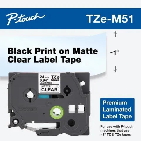 Black Print on Premium Matte Clear Laminated Tape for P-touch Label Maker, 24mm (0.94”) wide x 8m (26.2’) long