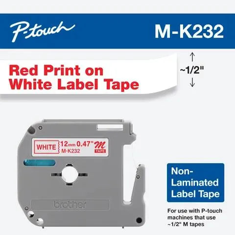 12mm (0.47") Red on White Non-Laminated tape for P-touch 8m (26.2 ft)