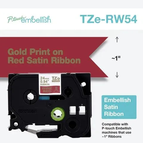 P-touch Embellish Gold Print on Red Satin Ribbon ~1” (24mm) x 13.1’ (4m)