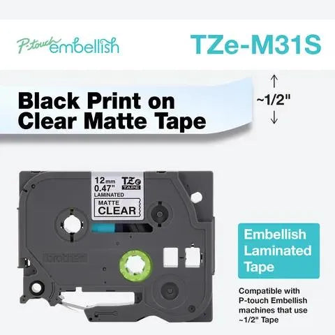 P-touch Embellish Black on Matte Clear 12mm (~1/2") x 4m