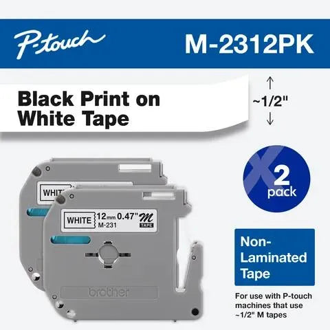 12mm (0.47") x 26.2 ft. (8m) Black on White Non-Laminated tape - 2 Pack
