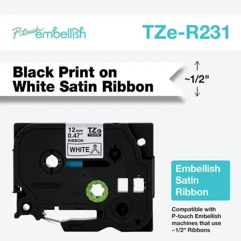 P-touch Embellish Black Print on White Satin Ribbon 12mm (~1/2") x 4m
