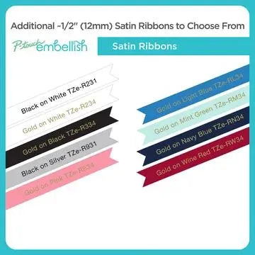 P-touch Embellish Black Print on White Satin Ribbon 12mm (~1/2") x 4m