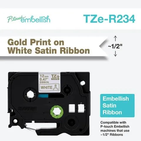 P-touch Embellish Gold Print on White Satin Ribbon 12mm (~1/2") x 4m