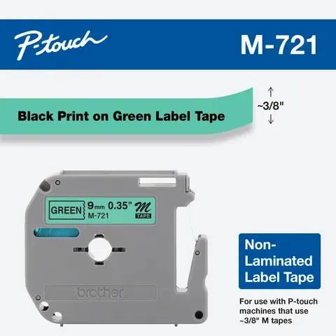 9mm (0.35") Black on Green Non-Laminated tape for P-touch 8M (26.2 ft)