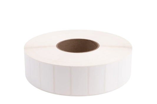 Synthetic (Polyester) Glossy Label (for Wax / Resin or Resin Ribbon), 2" x 1", White, Gap, 3" Core, 8" OD, 6,215 Labels/Roll, 4 Rolls/Case