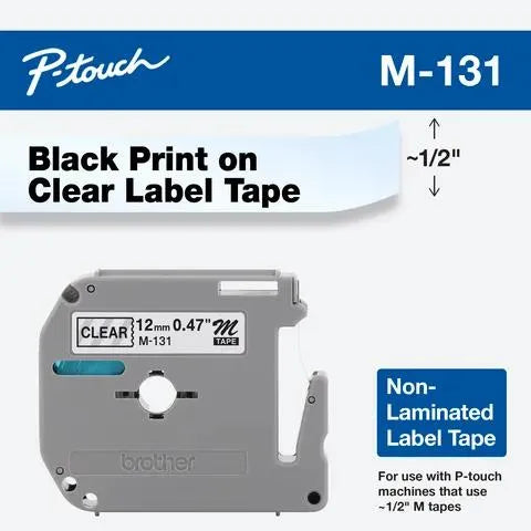 12mm (0.47") Black on Clear Non-Laminated tape for P-touch 8m (26.2 ft)
