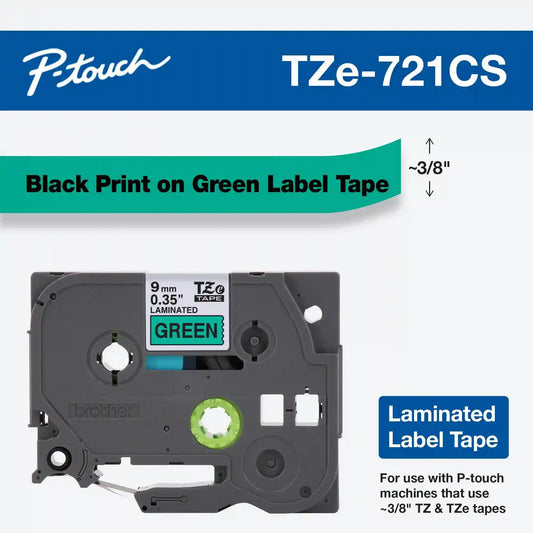 Black Print on Green Laminated Label Tape for P-touch Label Maker, 9mm (0.35”) wide x 8m (26.2’) long