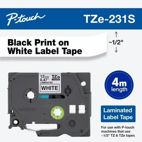 Black Print on White Economy Laminated Label Tape for P-touch Label Maker, 12mm (0.47”) wide x 4m (13.1’) long