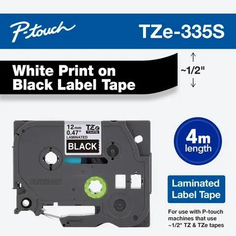 White Print on Black Economy Laminated Label Tape for P-touch Label Maker, 12mm (0.47”) wide x 4m (13.1’) long