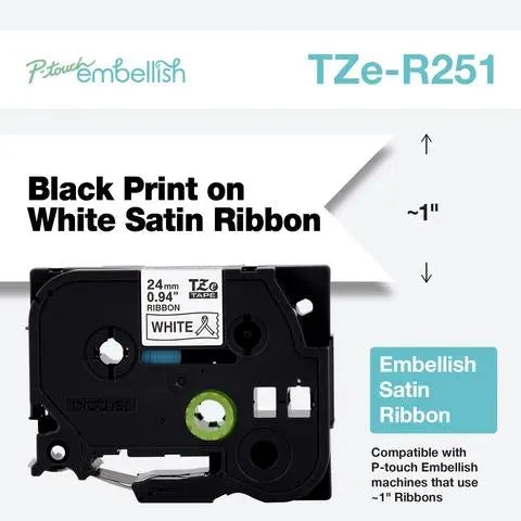 P-touch Embellish Black Print on White Satin Ribbon ~1" (24mm) x 13.1' (4m)