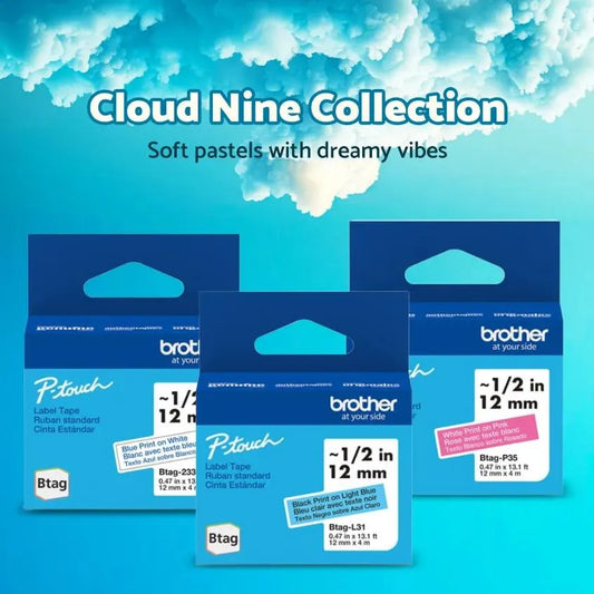 Brother Genuine BTAG 3-pack Non-Laminated Tape for P-touch Label Makers, Cloud Nine Collection White on Pink, Blue on White, Black on Light Blue – 12 mm wide x 4 m long