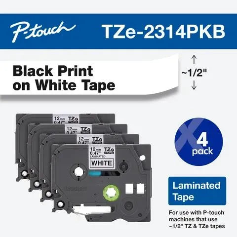 Black Print on White Laminated Label Tape for P-touch Label Maker, 12mm (0.47”) wide x 8m (26.2’) long, 4 pack