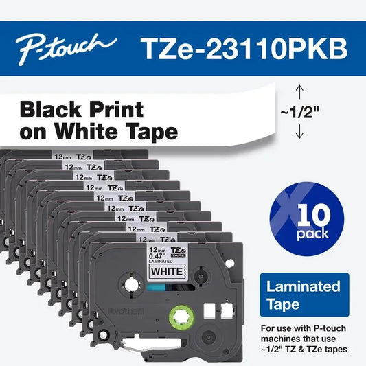 Black Print on White Laminated Label Tape for P-touch Label Maker, 12mm (0.47”) wide x 8m (26.2’) long 10 pack