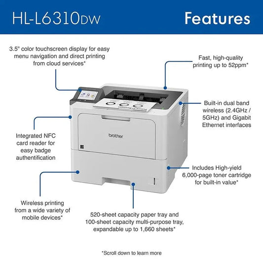 Brother HL-L6310DW Enterprise Wireless Monochrome Laser Printer with Duplex Printing