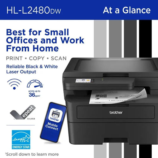 Brother HL-L2480DW Wireless Compact Monochrome Laser Multi-Function Printer with Duplex Printing