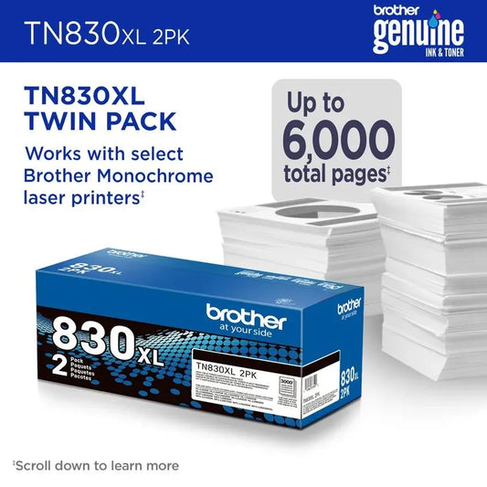 Brother Genuine TN830XL2PK High-Yield Black Twin Pack Toner Cartridges