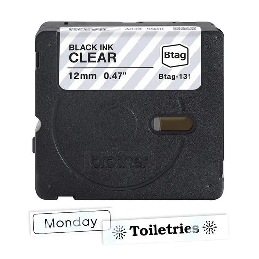 P-touch Btag Black on Clear Label Tape BTAG131,~1/2in by 13.1ft (12mm x 4m)