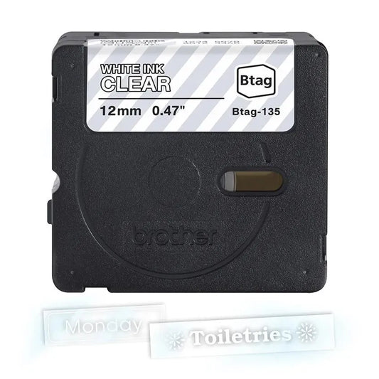 P-touch Btag White on Clear Label Tape BTAG131, ~1/2in by 13.1ft (12mm x 4m)