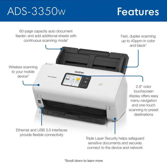 Brother ADS3350W Wireless High-Speed Professional Desktop Scanner for Home Office