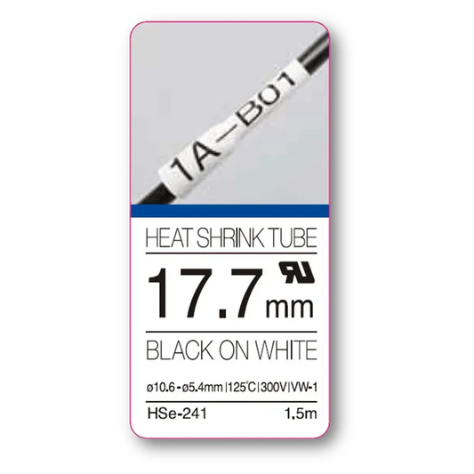 17.7mm (0.69in) Size Heat Shrink Tubing Black on White Recommended for 5.4-10.6mm (0.21-0.42in) Outside Diameter 2:1 Shrink Ratio / 300V / 125°C (257°F) / VW-1