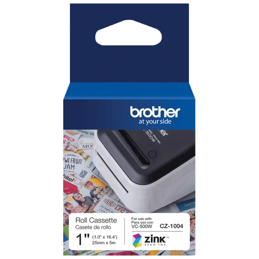Brother Genuine CZ-1004 continuous length 1” (1.0”) 25 mm wide x 16.4 ft. (5 m) long label roll featuring ZINK® Zero Ink technology