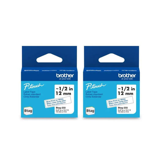 Brother Genuine BTAG 2-pack Non-Laminated Tape for P-touch Label Makers, Blue on White – 12 mm wide x 4 m long