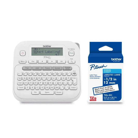Brother PT-D220 Home and Office Everyday Label Maker + Brother Genuine TZe231 Black on White – 12 mm wide x 8 m long Label Tape
