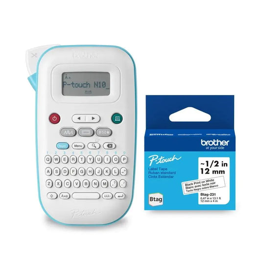 Brother P-touch PT-N10 Personal Handheld Label Maker + Brother Genuine Btag231 Black on White – 12 mm wide x 4 m long Label Tape