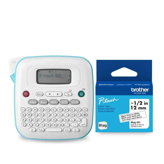 Brother P-touch PT-N20 Personal Handheld Label Maker + Brother Genuine Btag231 Black on White – 12 mm wide x 4 m long Label Tape