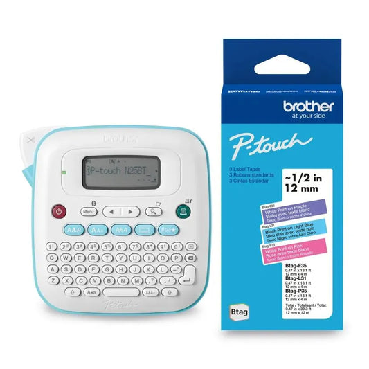 Brother P-touch PT-N25BT Personal Handheld Label Maker + Brother Genuine BTAGF35, BTAGL31, BTAGP35 – 12 mm wide x 4 m long Label Tape