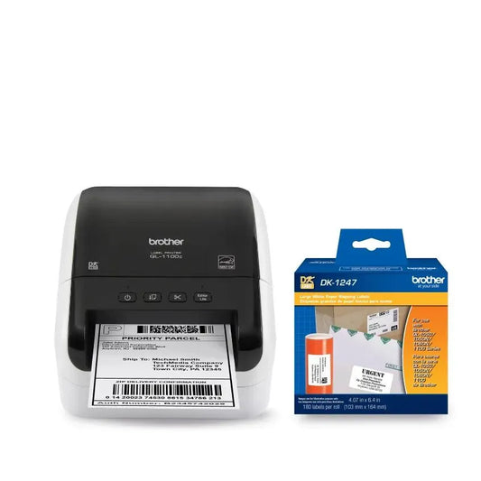 Brother QL-1100 Wide Format Professional Label Printer + Brother Genuine DK1247 Large Shipping Labels – 4.07" x 6.4" 180 Labels Per Roll