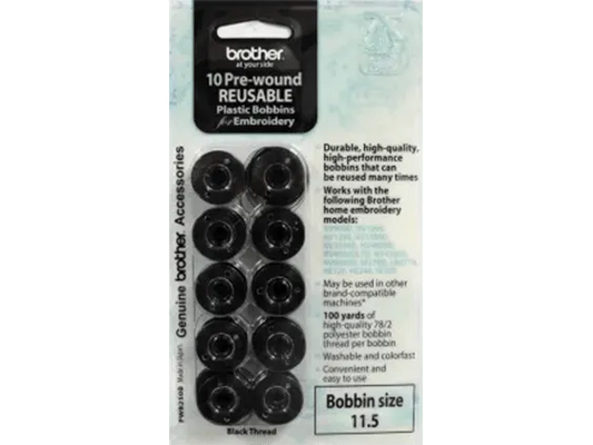 Brother PWB250B Pre-Wound Black 11.5 Size Embroidery Bobbins (10-Pack)