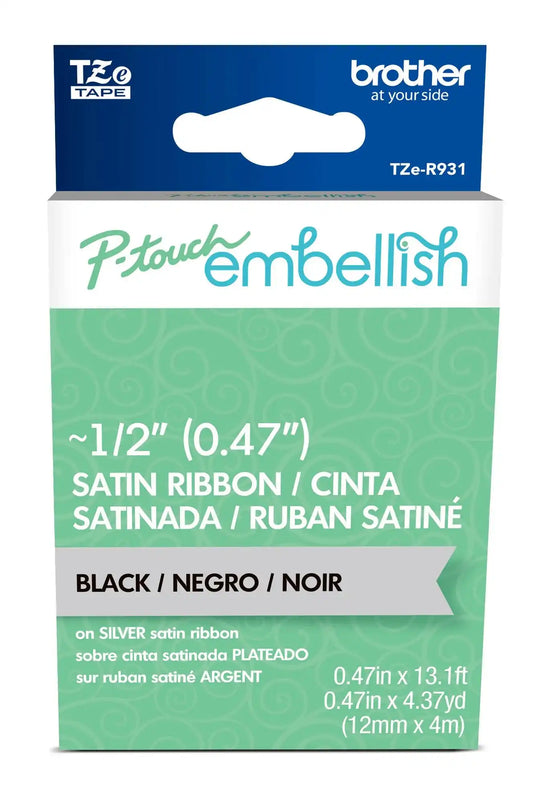 P-touch Embellish Black Print on Silver Satin Ribbon 12mm (~1/2") x 4m