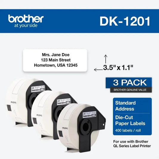 Brother Genuine DK-12013PK Die-Cut Standard Address Labels – Long Lasting Reliability, Die-Cut Standard Address Paper Labels, 1.14” x 3.5” Individual Label Size, 400 Labels per Roll, (3) Rolls per Box