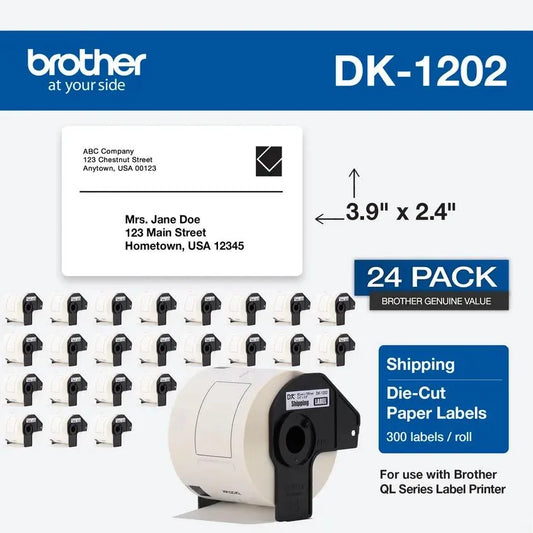 Brother Genuine DK-120224PK Die-Cut Shipping Paper Labels, Long Lasting Reliability, 300 Labels Per Roll, (24) Rolls per Box