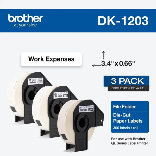 Brother Genuine DK-12033PK Die-Cut Shipping Paper Labels, Long Lasting Reliability, 300 Labels Per Roll, (3) Rolls per Box