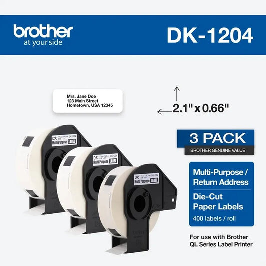 Brother Genuine DK-12043PK Multipurpose Paper Label Roll, Die-Cut Paper Labels, Engineered for Excellence, 400 Labels Per Roll, (3) Rolls per Box
