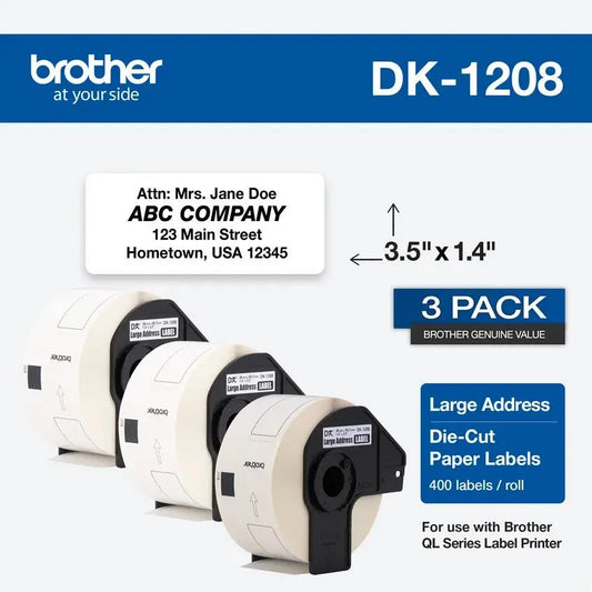 Brother Genuine DK-12083PK Die-Cut Large Address Labels, Long Lasting Reliability, Die-Cut Large Address Paper Labels, 400 Labels per Roll, (3) Rolls per Box