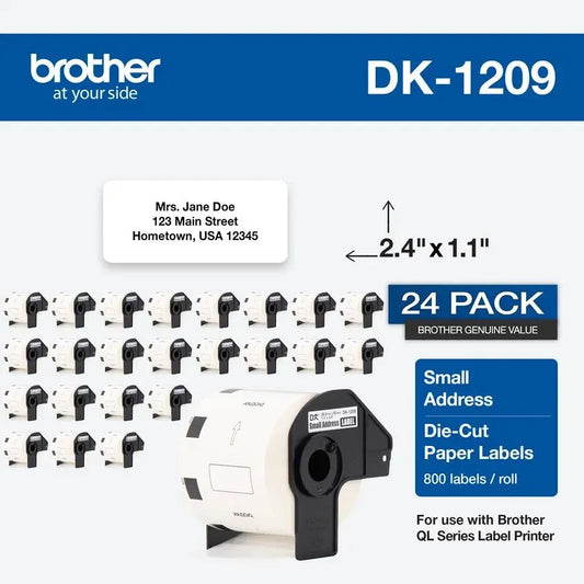 Brother Genuine DK-120924PK Small Address Paper Label Rolls, Die-Cut Paper Labels, 1.1 in x 2.4 in (28.9 mm x 62 mm), 800 Labels Per Roll, (24) Rolls per Box