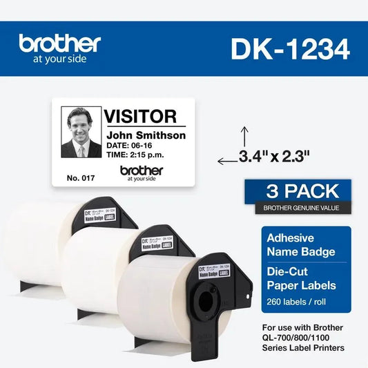 Brother Genuine DK-12343PK Die-Cut Name Badge Paper Labels, 2.3 in x 3.4 in (60 mm x 86 mm) Adhesive Name Badge White Paper Labels, 260 Labels per Roll, (3) Rolls per Box